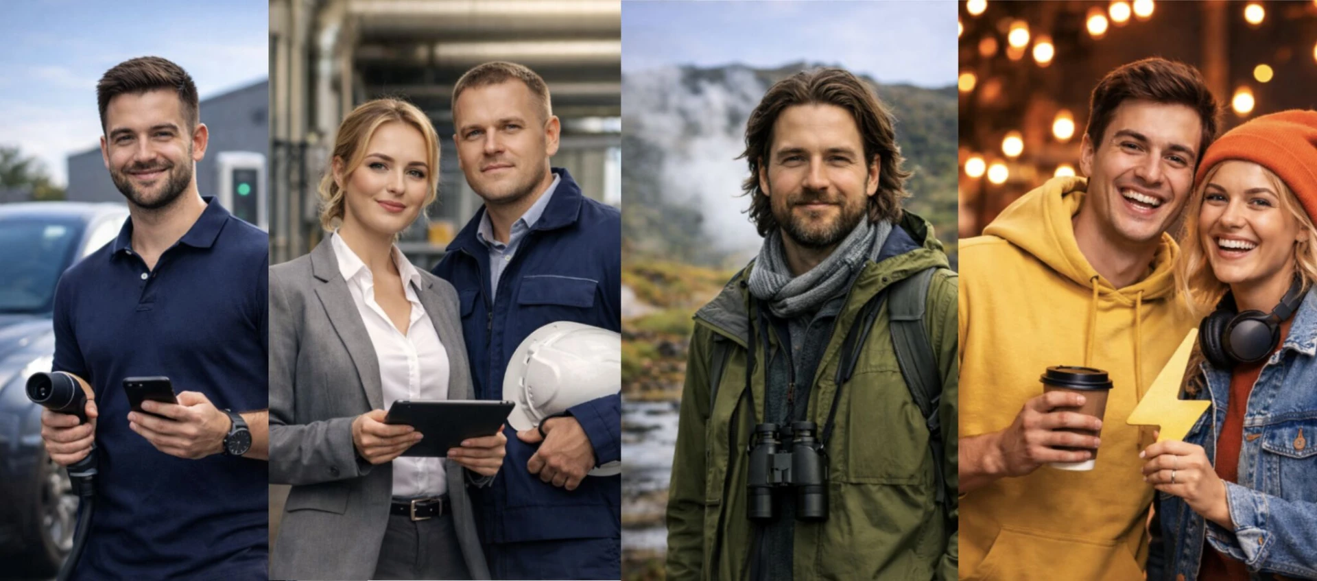 Fjórir AI-myndaðir karakterar fyrir raforkusala: Orka náttúrunnar / ON Power, HS Orka, Orkusalan og Ísorka